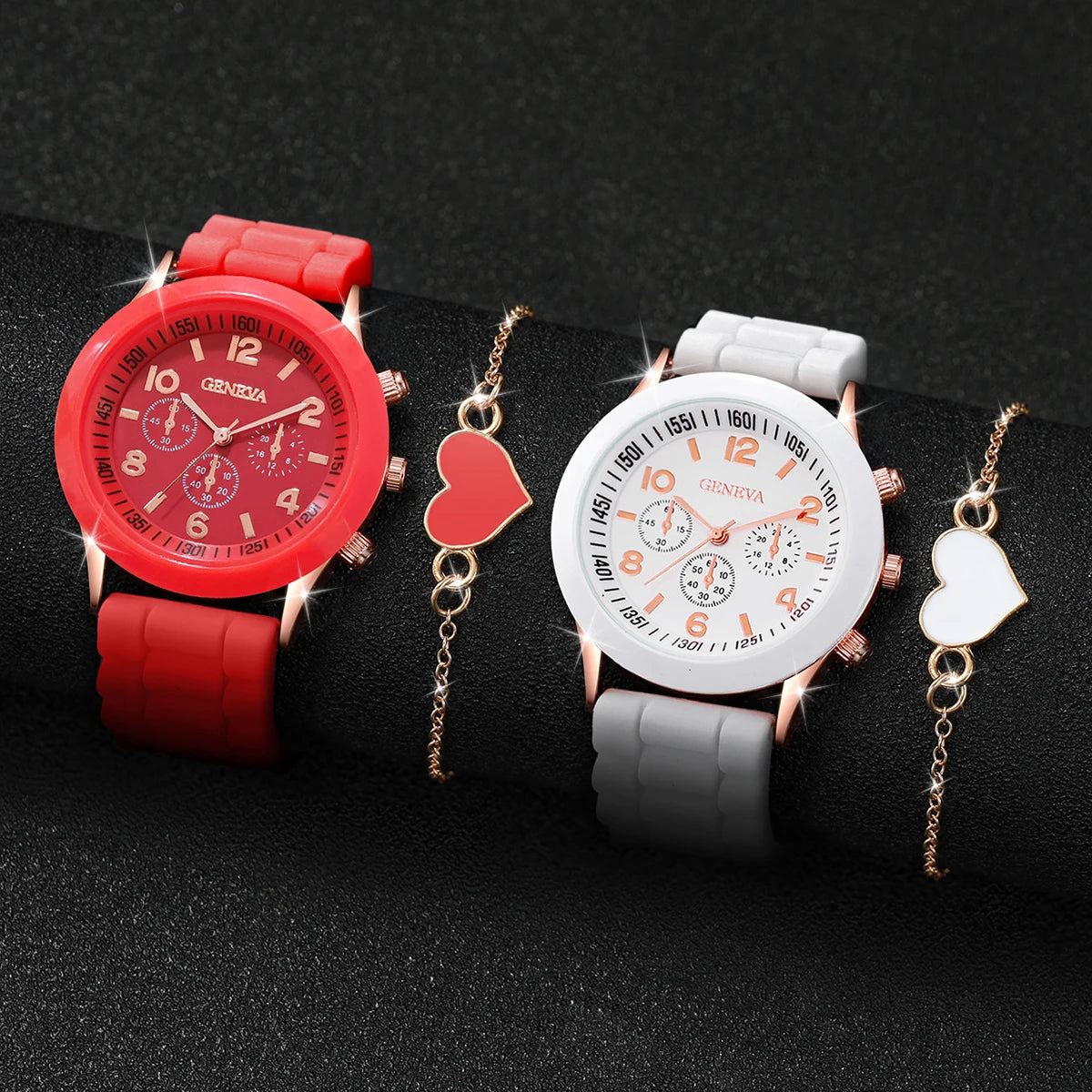 4PCS/Set Couple's Watches Fashion Silicone Band Women Quartz Watch Heart Bracelet Set（Without Box）