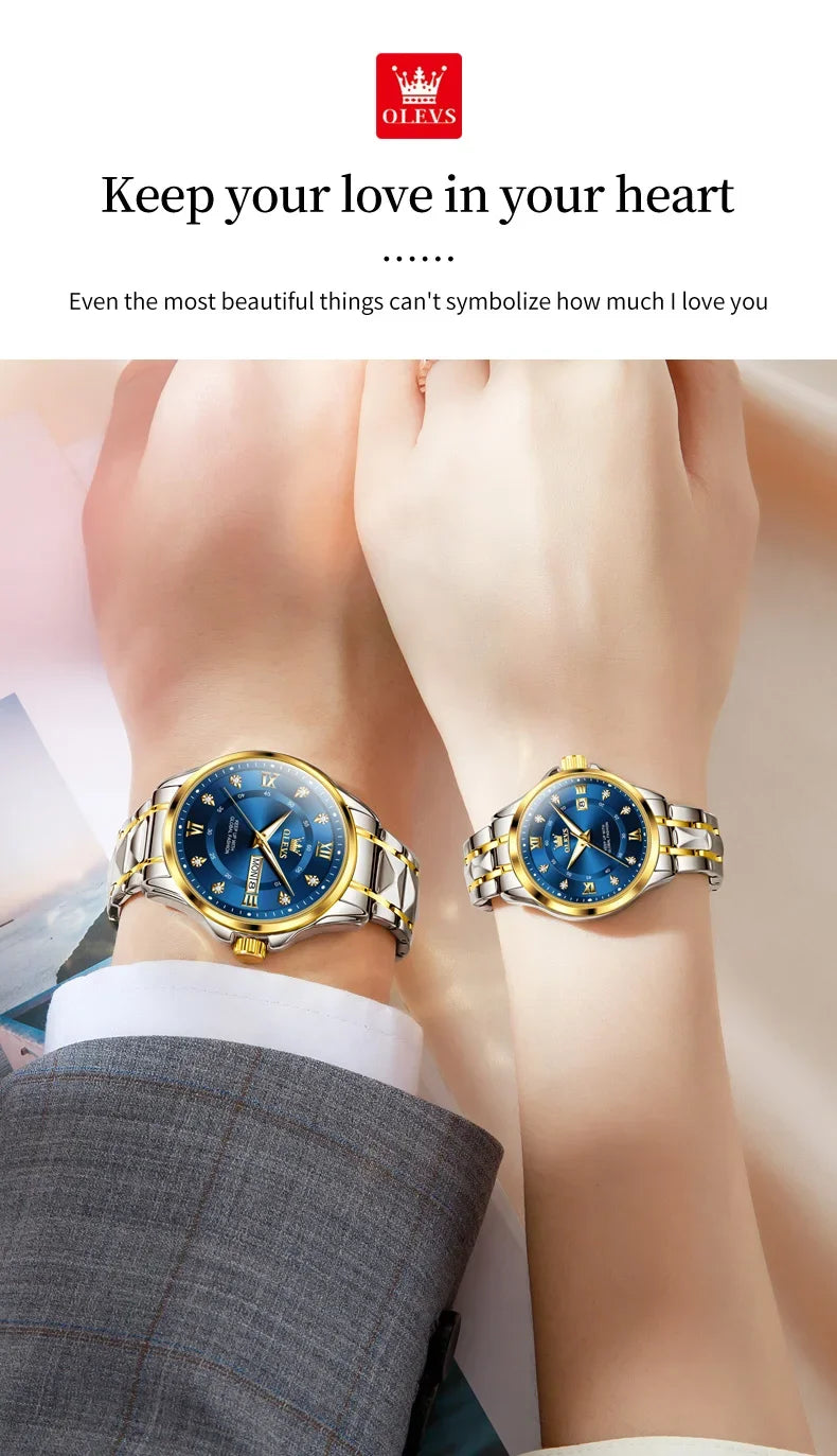 OLEVS 2906 Fashion Date Quartz Couple Watches Top Luxury Watch Men Women Waterproof Stainless Steel Wristwatch