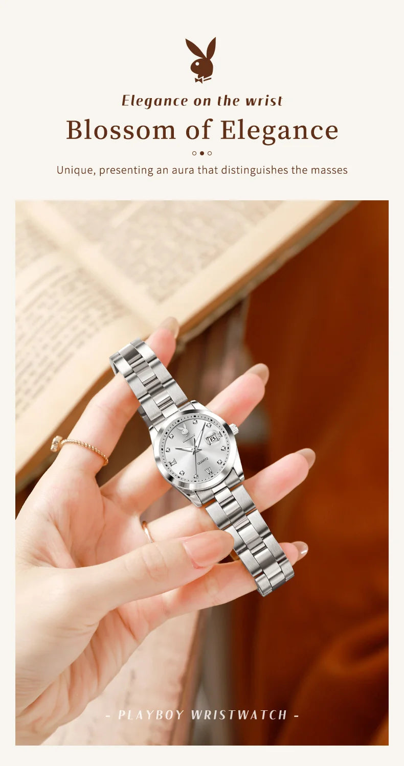 PLAYBOY New Original Luxury Women Watch Waterproof Calendar Luminous Stainless Steel Elegant Fashion Quartz Women's Wristwatch