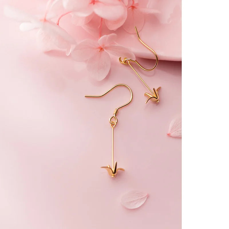 Trustdavis 925 Sterling Silver Lovely Paper Crane Sweet Long Dangle Earrings For Women Girl Lady Fashion Silver 925 Jewelry DT53