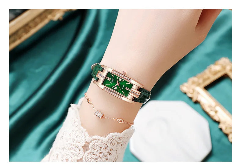 2022 New Women Fashion Quartz Watch Bracelet Set Green Dial Luxury Women Watches Simple Rose Gold Mesh Ladies Watch Dropshipping