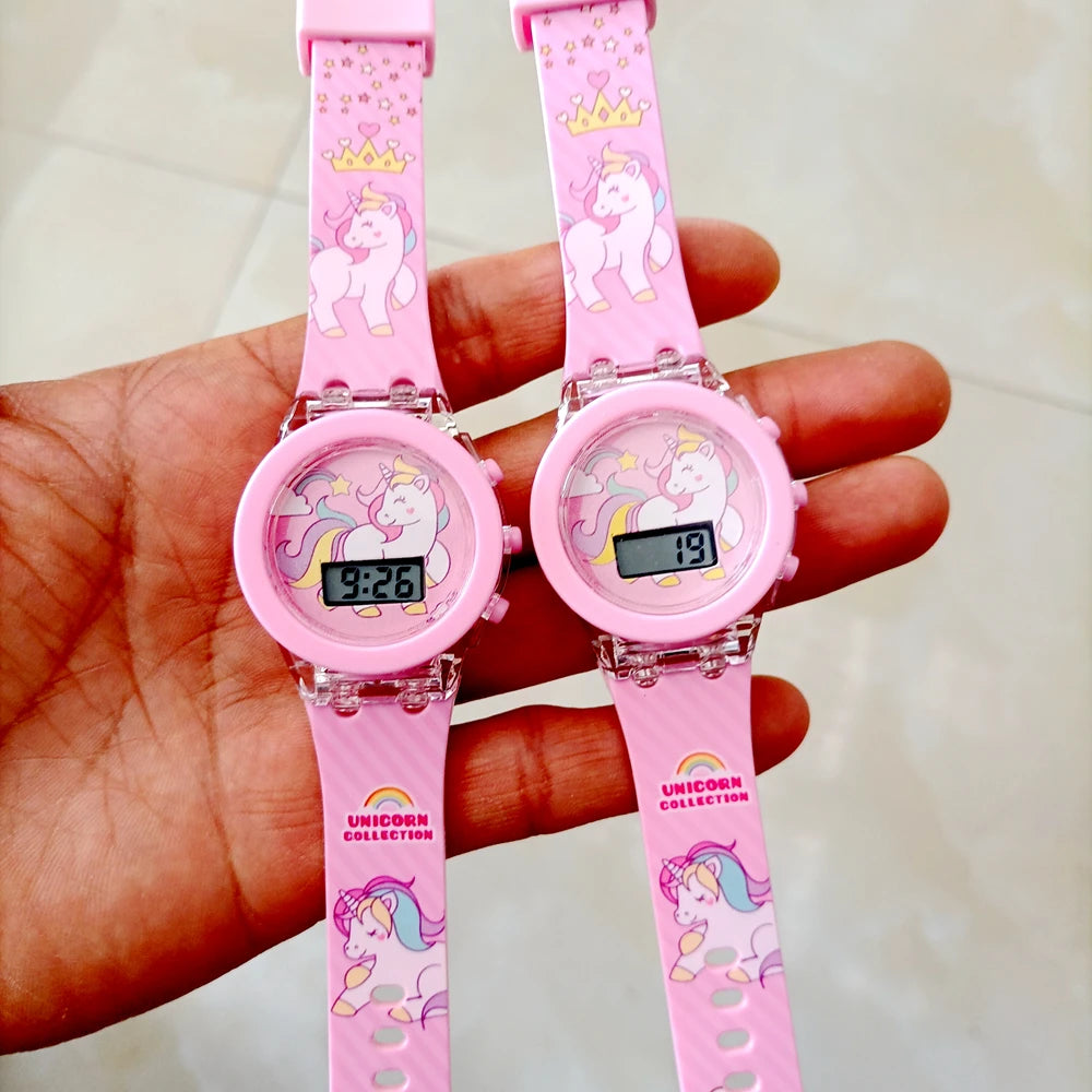 Cartoon Unicorn Collection Rainbow Printed Rubber Girls Kids Children Students Digital Flash Light Glow Up Party Gifts Watches