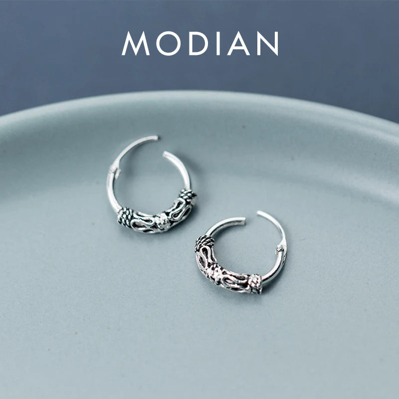 Modian Vintage Pattern Silver Hoop Earrings for Women Trendy Authentic 925 Sterling Silver Hoops Female Mode Bijoux Brincos