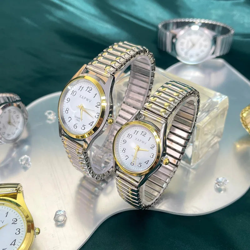 Man Women Couple Wrist Watches Stainless Steel Band Alloy Lovers Business Quartz Movement Wristwatch Elastic Strap Band Watch
