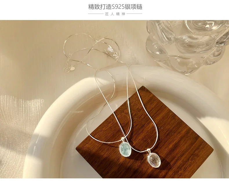 CHOZON S925 Sterling Silver Natural Moonstone Aquamarine Necklace New Product Unique Design Oval Natural Stone Snake Bone Chain