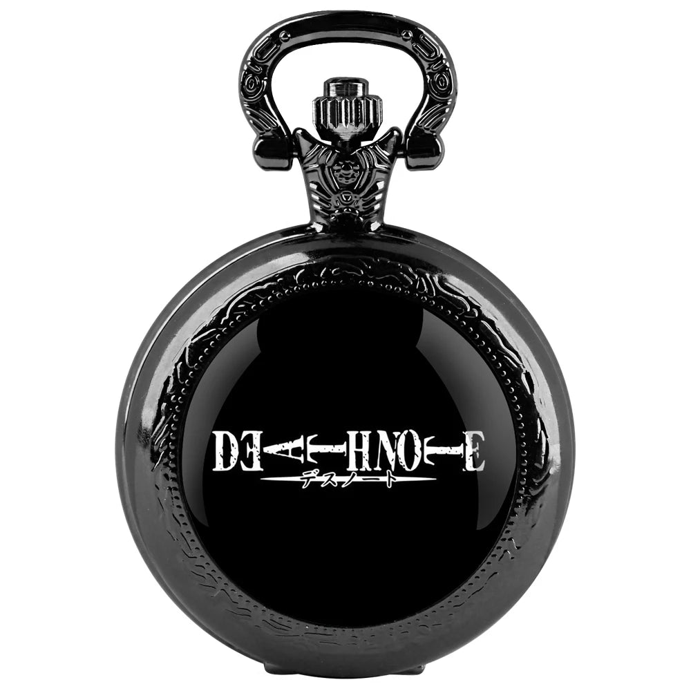 Death Note Design Black Quartz Pocket Watch Gift Set with Durable Chain and Arabic Numeral Face Timeless Present for Boy