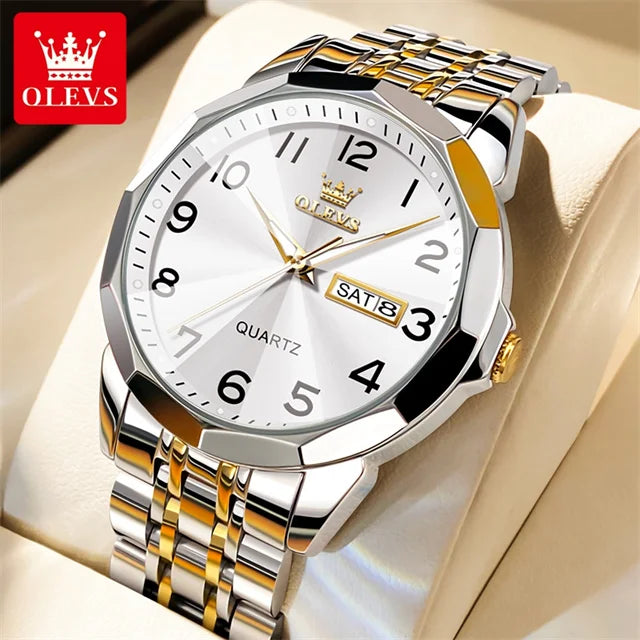 OLEVS 9970 Luxury Couple Watch Men Women Stainless Steel Waterproof Calendar Wristwatch Digital Dial Rhombus Mirror Lovers Watch