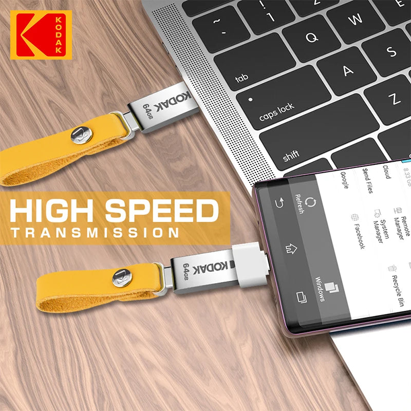 KODAK USB 2.0 Flash Drive H2testw 32GB 64GB 128GB Pendrive Waterproof Memory Stick Leather Landyard Metal U Disk + Type-c Reader
