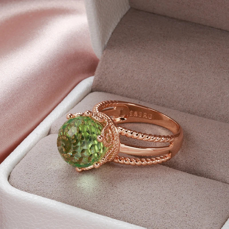 New Unusual 585 Rose Gold Crown Ring for Women Cut Emeral Ball Natural Zircon Ring Elegant Party Wedding Fine Jewelry