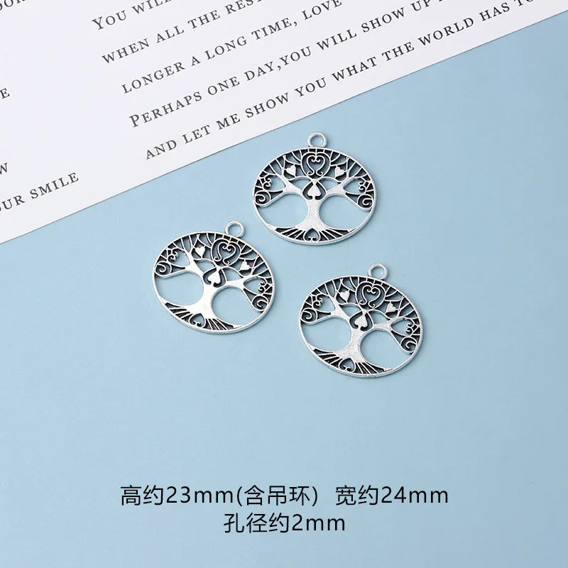 10pcs DIY Vintage Silver Round hollow Tree of Life Pendant Earring Creative Alloy Accessories Material charms for jewelry making