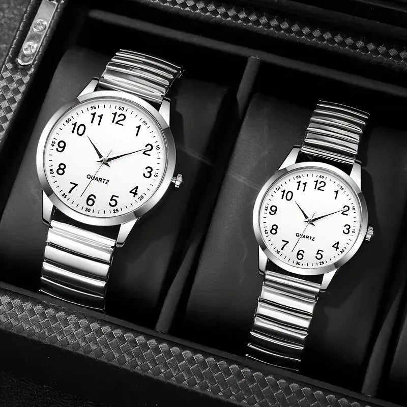 1/2PCS Couple Quartz Watch Fashion Creative Arabic Numerals Round Dial Elastic Band Elegant Couple Wristwatch Gift for Lovers