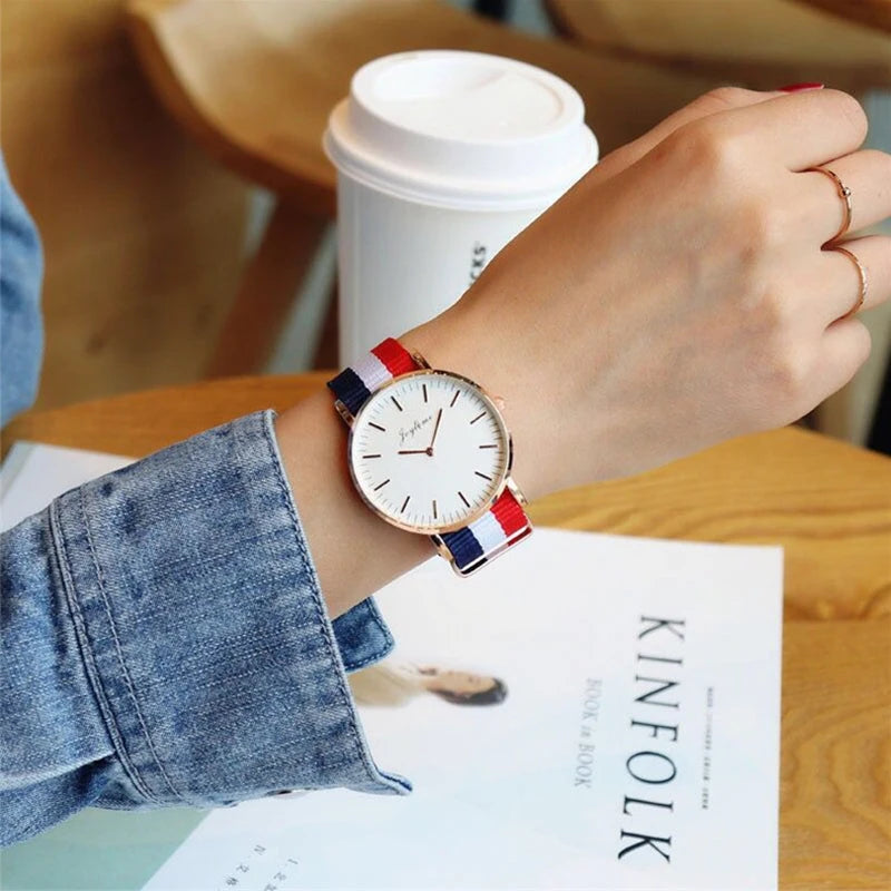 Fashion Women's Watch Top Brand Stripe Nylon Band Analog Quartz Wristwatch for Woman Simple Luxury Ladies Clock Gift Reloj Mujer
