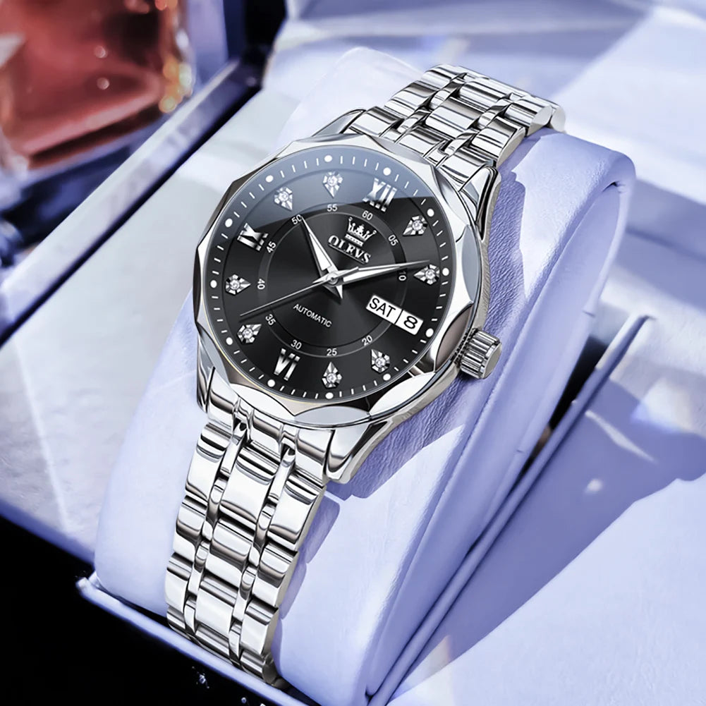 OLEVS 6727 Women's Watches Elegant Fashion Original Automatic Mechanical Watch for Lady Grey Double Scale Dial Waterproof Date