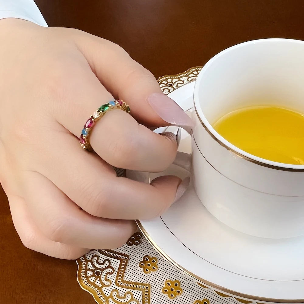 Gold Color Colorful Stones Ring Europe Style Glam Fine Jewerly For Women Gift In 925 Sterling Silver