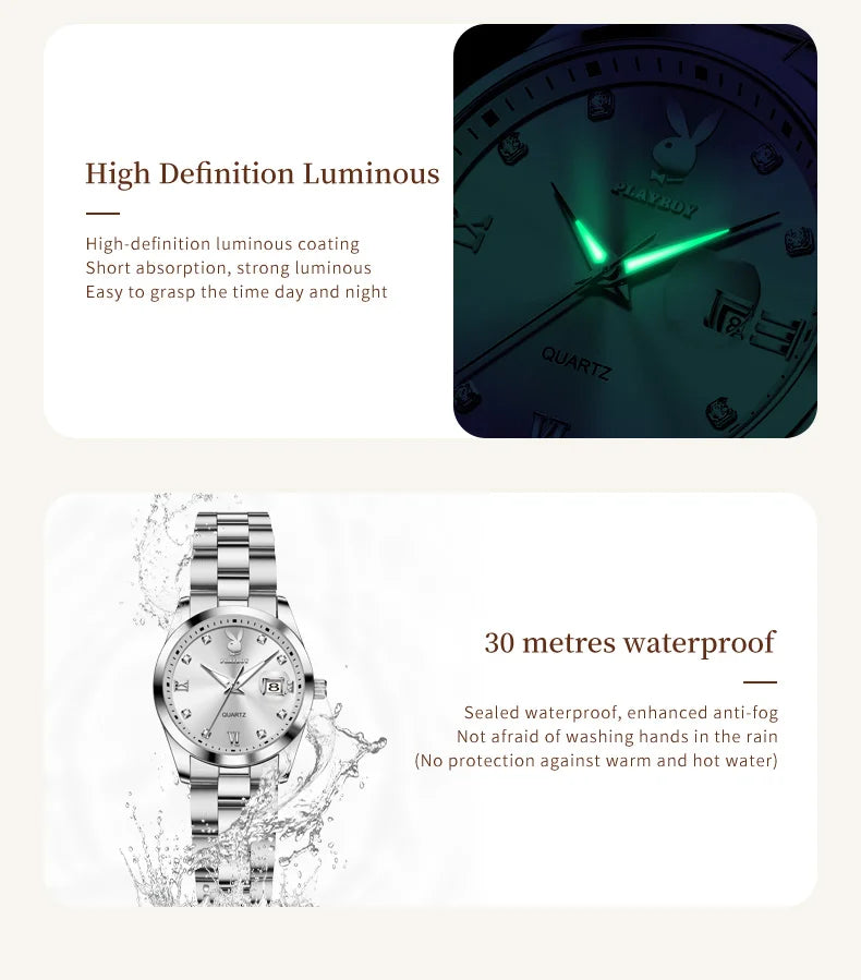 PLAYBOY New Original Luxury Women Watch Waterproof Calendar Luminous Stainless Steel Elegant Fashion Quartz Women's Wristwatch