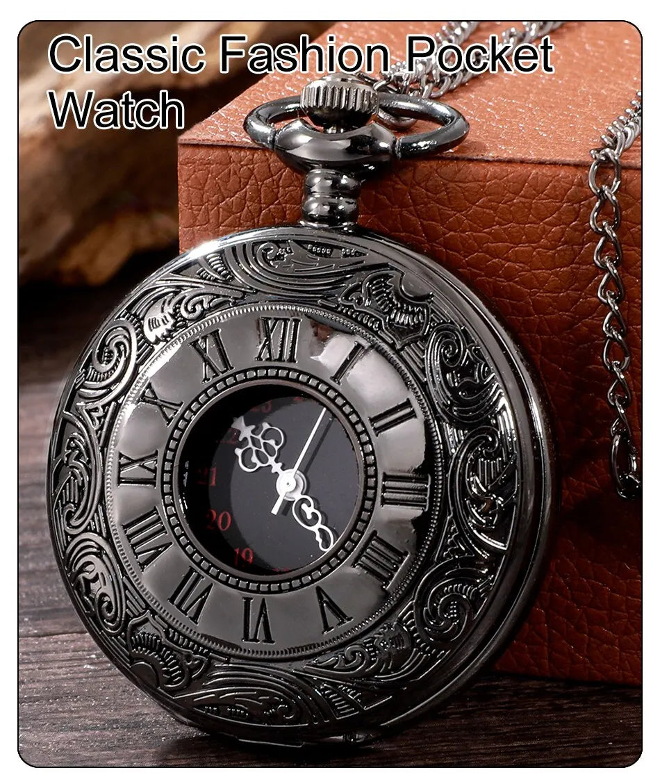 Vintage Charm Black Unisex Fashion Roman Number Quartz Steampunk Pocket Watch Women Man Necklace Pendant with Chain Gift