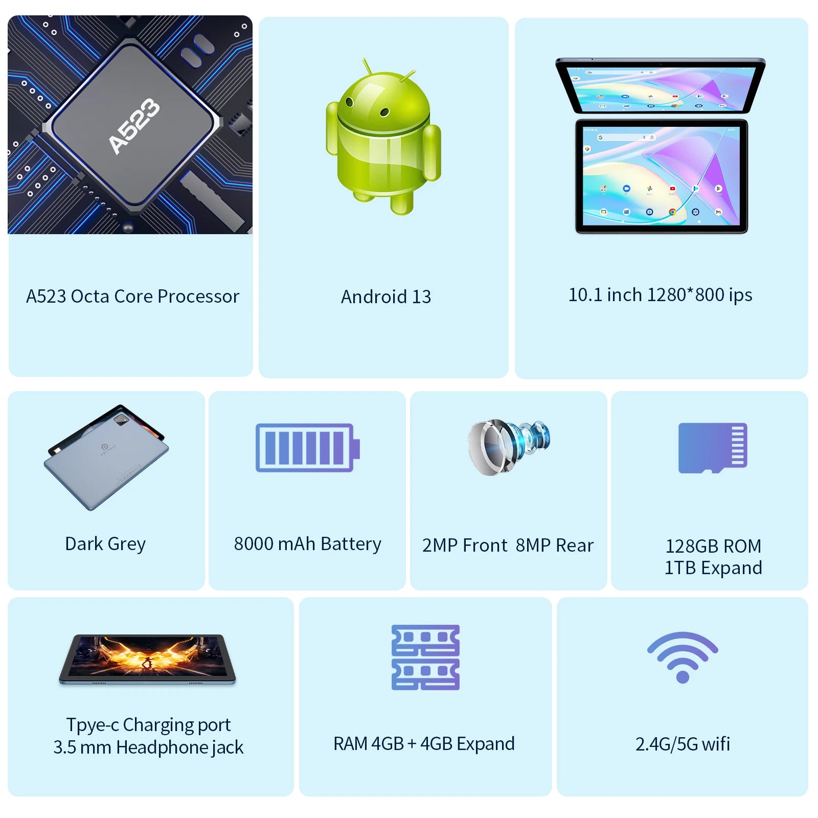 Tablet 10 inch, Android 13,Octa-Core, 5Ghz WiFi, 128 GB storage, 8000 mAh, 2.0 MP 8.0 MP camera, GMS certified Tablet PC