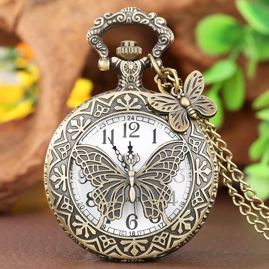 Bronze Butterfly and Flower Retro Style Necklace Pocket Watch Chain Steampunk Pendant Quartz Fob Watch Clock with Accessory 2020