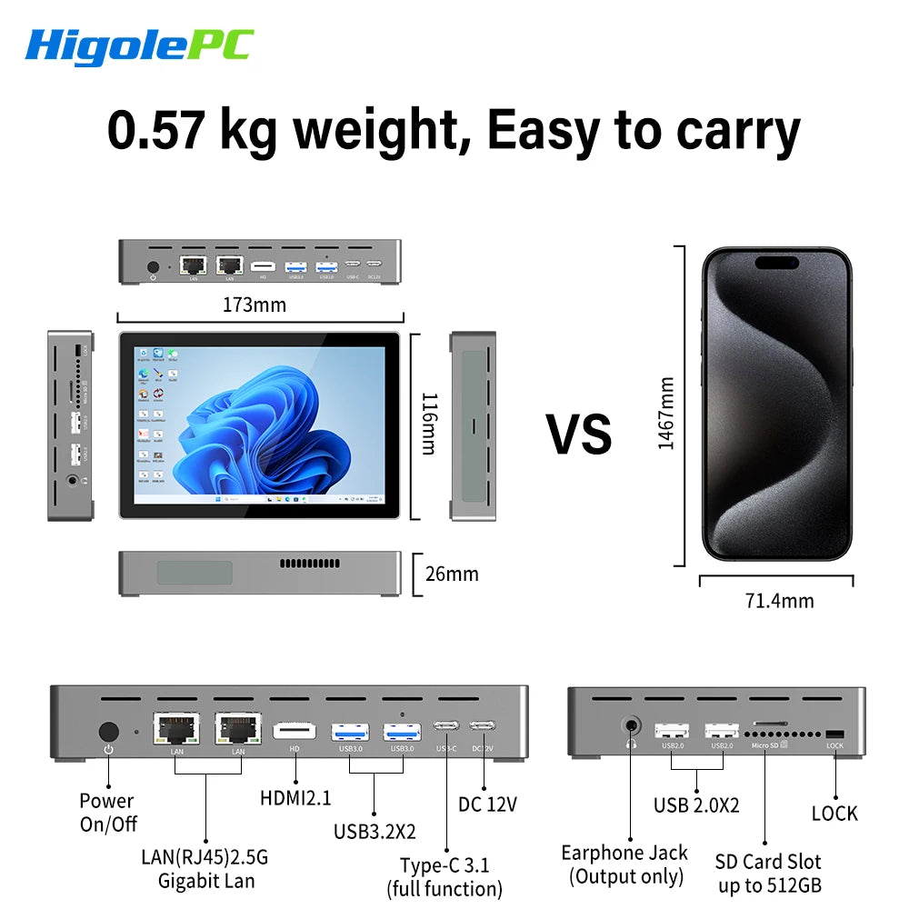 Higole F9B Pro 7'' Intel N95 Mini PC with Screen Windows 11 WiFi5 8G 128G 5000mAh Dual 2.5G LAN Desktop Computer Windows Tablet