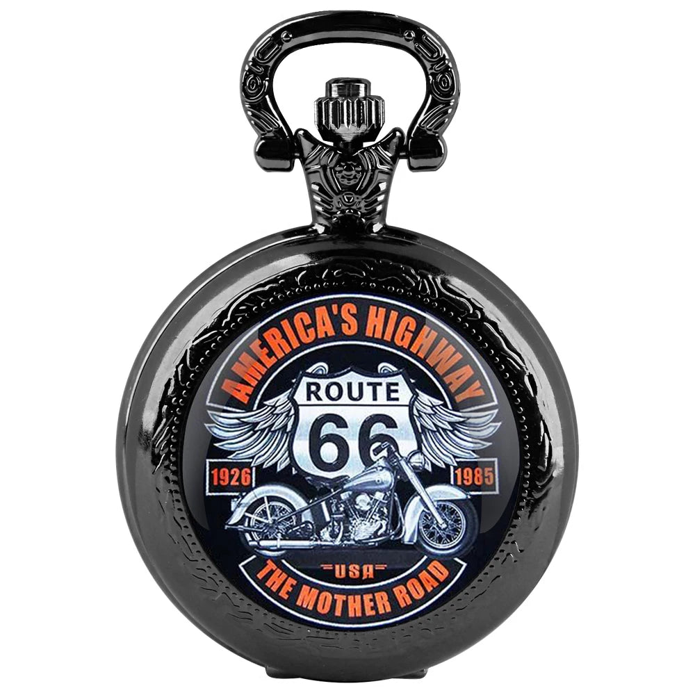 ROUTE 66 Glass Dome Black Quartz Pocket Watch with Arabic Numerals Dial and Durable Chain Gift for Men Women