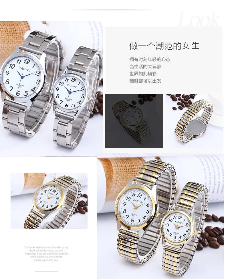 1PCs Classic Vintage Business Women Men Elastic Gold Sliver Quartz Watch Tide Lovers Couple Bracelet Watches Party Office Gifts
