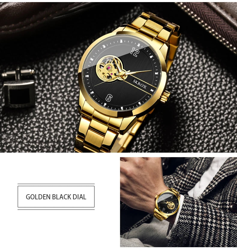SKROX Elegant Luminous Waterproof Automatic Clockwork Tourbillon Skeleton Mechanical Men's Watch Mesh strap Luxury Wrist Watches