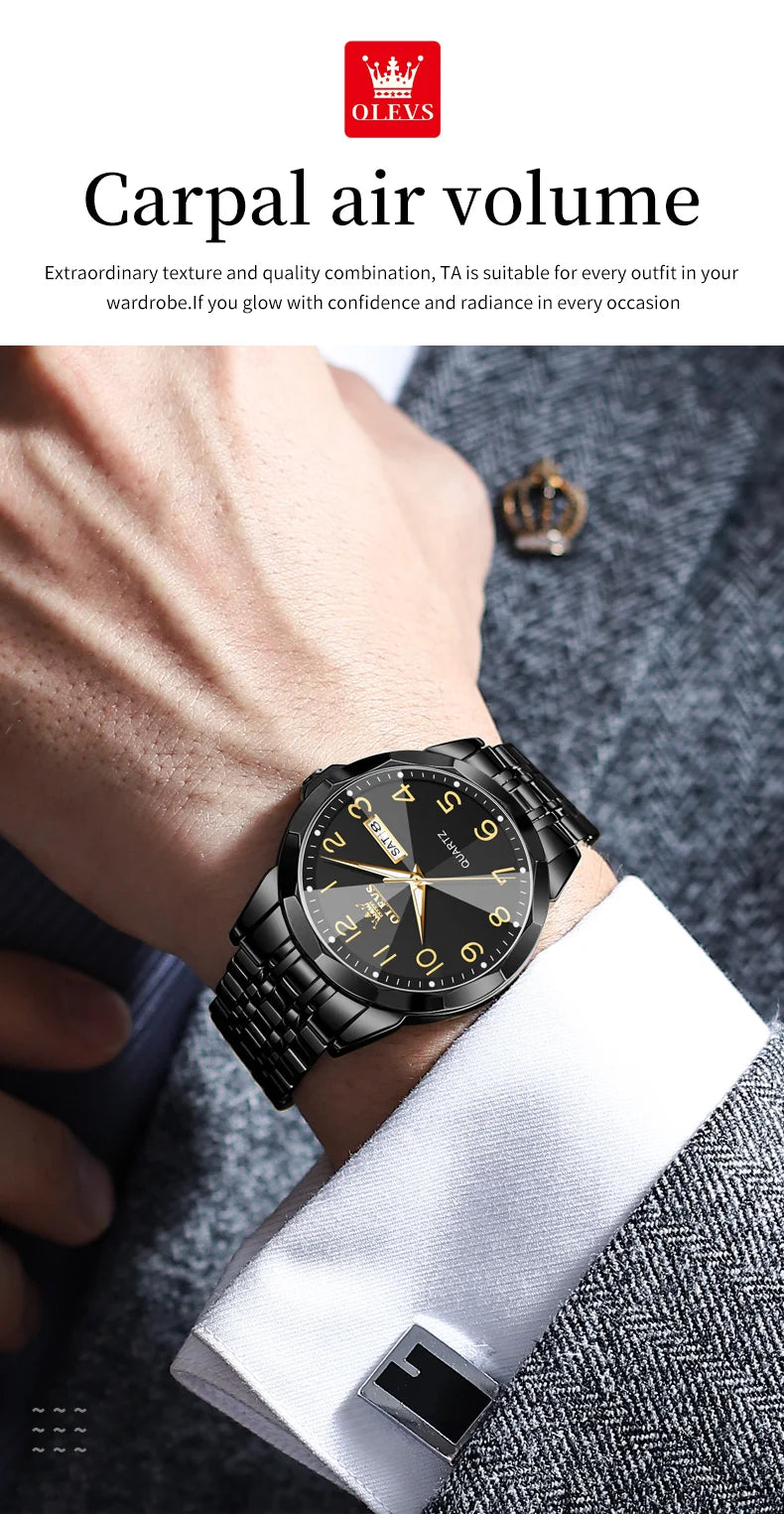 OLEVS 9970 Couple Watch Classic Digital Dial Stainless Steel Rhombus Mirror Luxury Top Quartz Watches for Men Women Lover's Gift