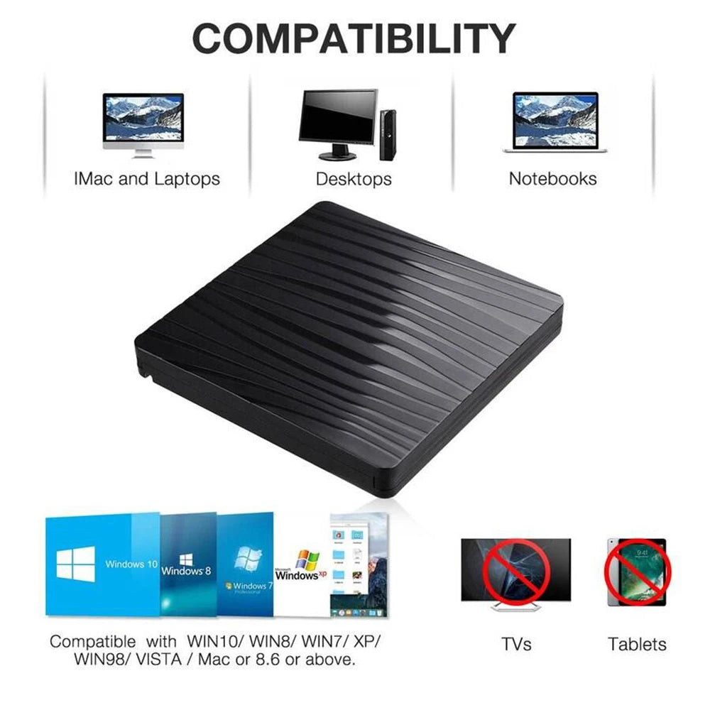 USB 3.0  Type C Portable DVD CD+/-RW External Burner Optical Drive ROM Disk Reader For Laptop PC Desktop MacBook iMac Windows11