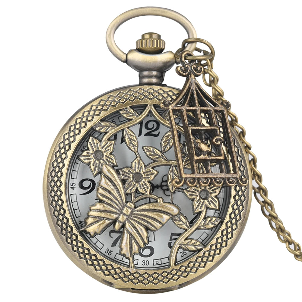 Bronze Butterfly and Flower Retro Style Necklace Pocket Watch Chain Steampunk Pendant Quartz Fob Watch Clock with Accessory 2020