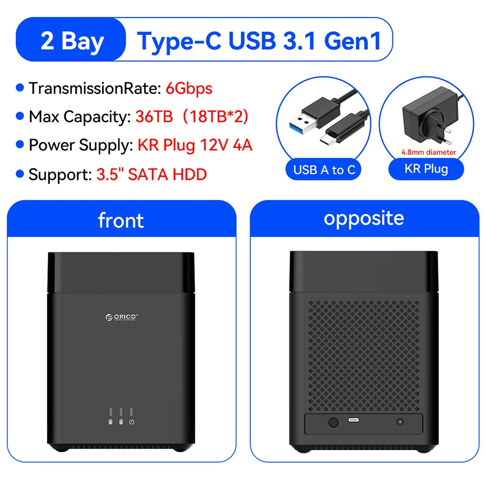 ORICO 2 Bay HDD Enclosure Hard Drive Case 3.5" SATA Docking Station USB 3.0 Type C DAS Storage Box 36TB Expansion for PC Laptop