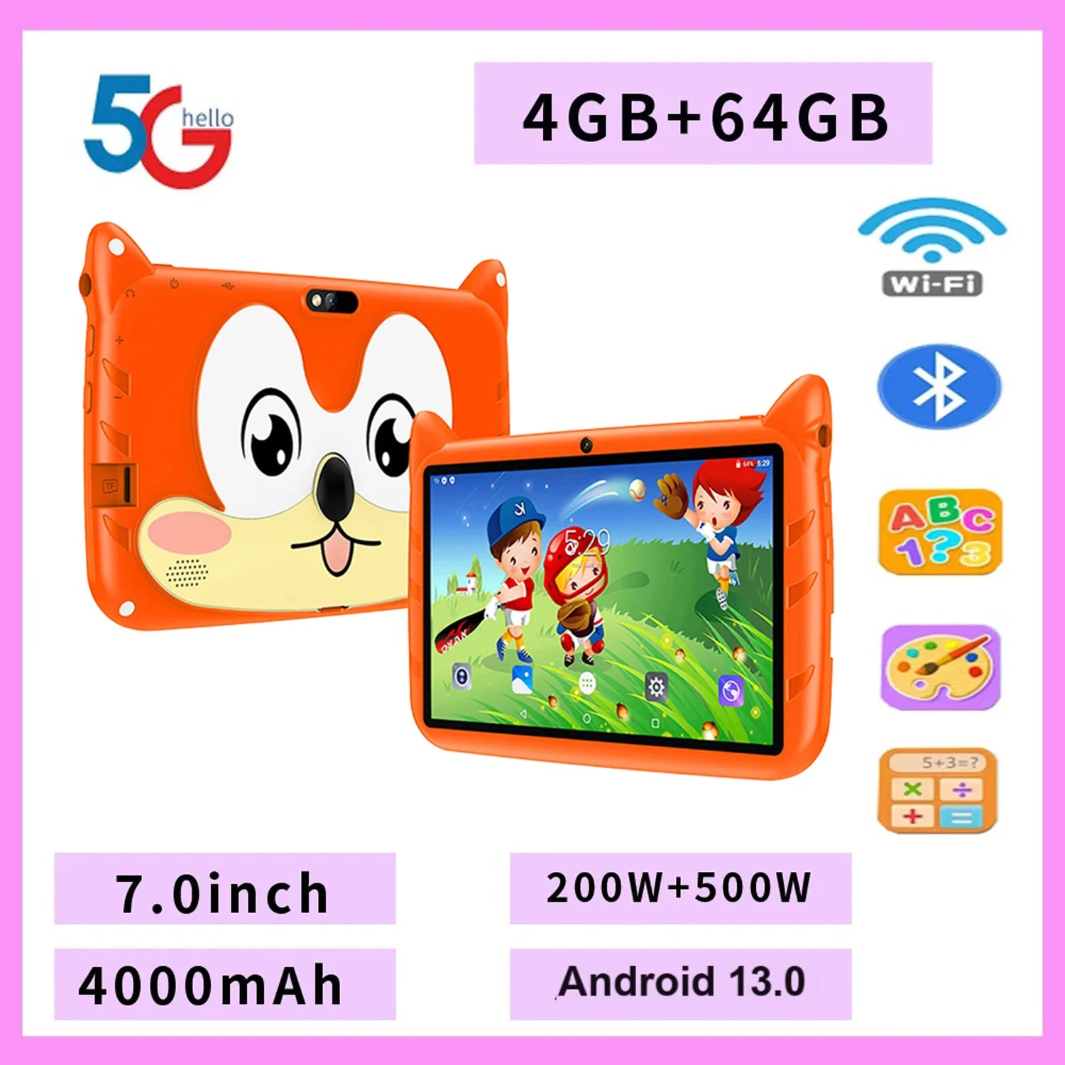 New 7" Kids Tablet with Cartoon Pattern Quad Core 4GB+64GB ROM Bluetooth 5G WiFi Learning Education Game Children's Gift