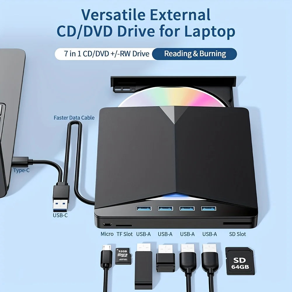 7-in-1 Portable DVD Drive USB 3.0 Type-C External RW CD Burner Drive Burner Reader Player Optical Drives For Laptop PC Netbook