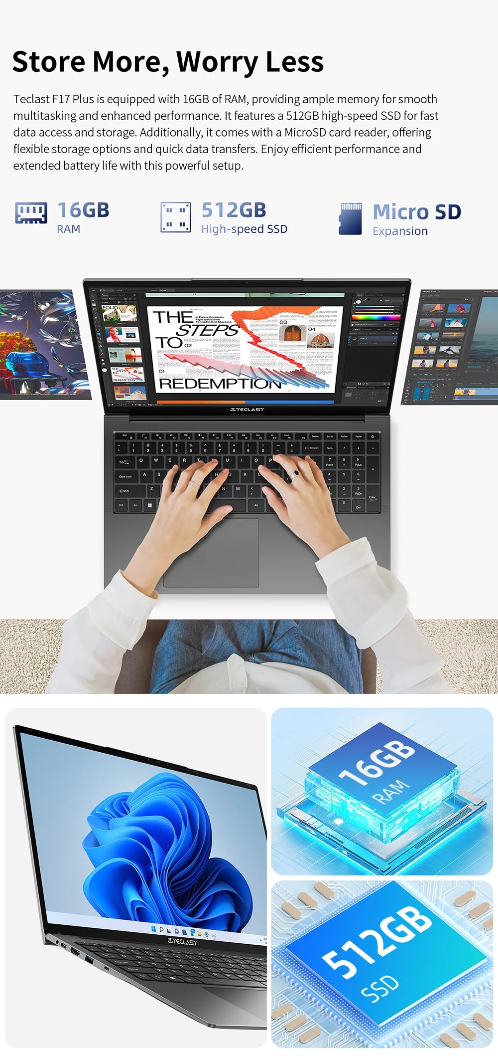 TeclastF17PlusLaptop 17.316GBRAM512GB SSDIntel N95 Windows11ProNotebook180°FlipLaptopsComputerBacklitKeyboardminiHDMIUSB3.2x3