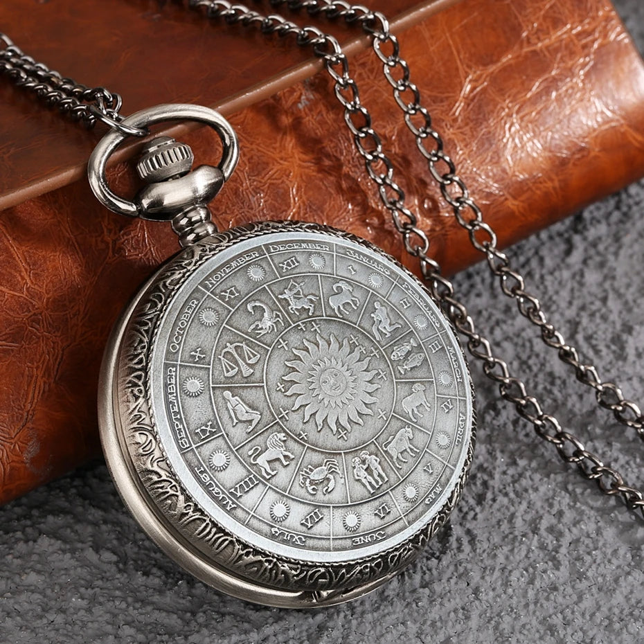 Retro Gray 12 Constellations Astrology Pattern Quartz Pocket Watch Necklace Chain Birthday Gifts Pendant Watch for Friend Unisex