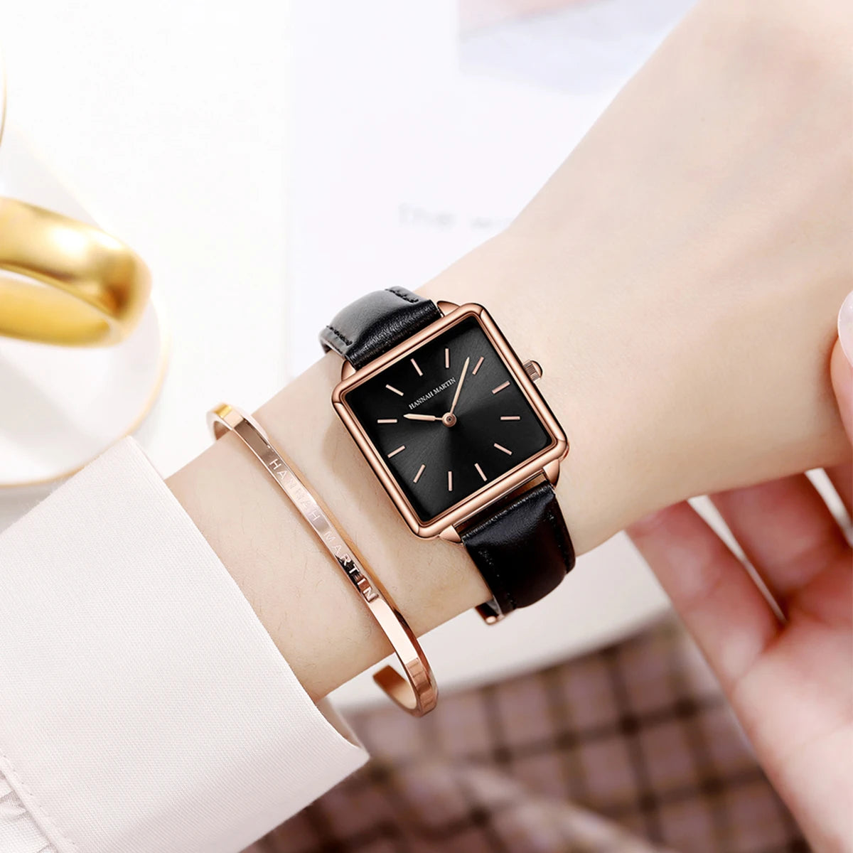 HANNAH MARTIN Brand Women Watch Original Japanese Movement Top Clock Fashion Square Simple Leather Waterproof Quartz Women Watch