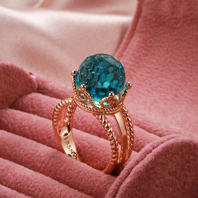 New Unusual 585 Rose Gold Crown Ring for Women Cut Emeral Ball Natural Zircon Ring Elegant Party Wedding Fine Jewelry