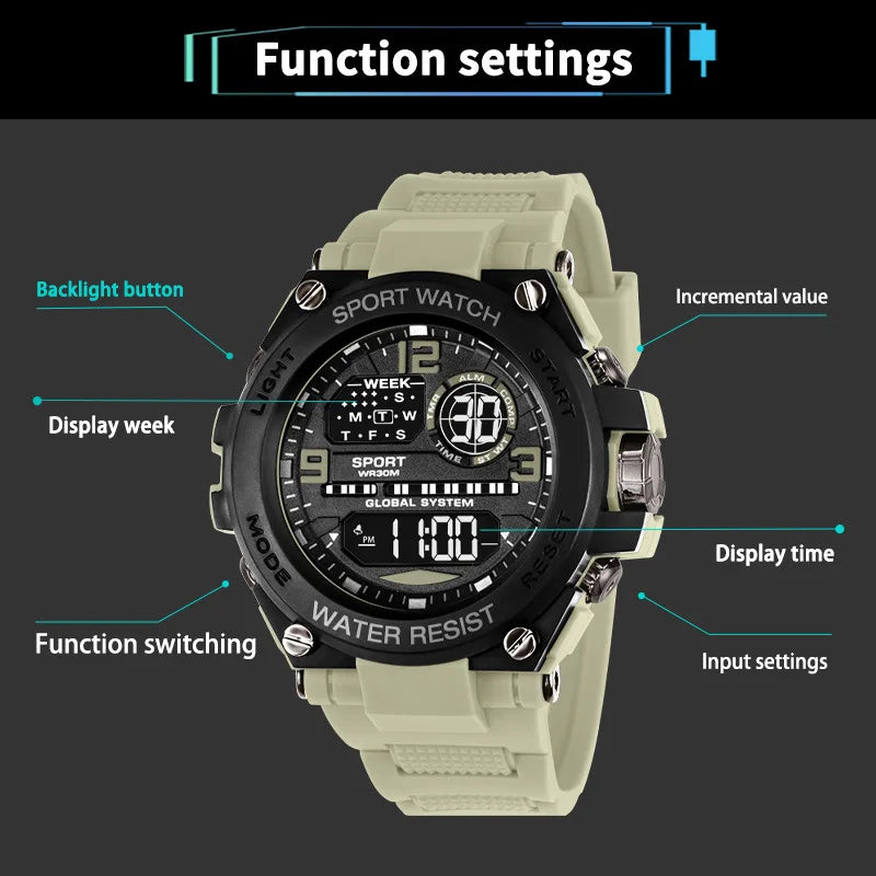 Multifunction Men's Sports Watch Waterproof Luminous Alarm Clock Outdoor Fitness Digital Watch Electronic Wristwatch for Man Kid