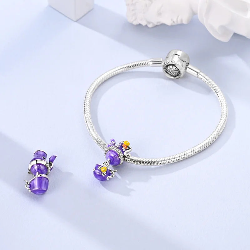 New 925 sterling silver pink green blue flower teapot and teacup bead pendant suitable for original charm bracelet