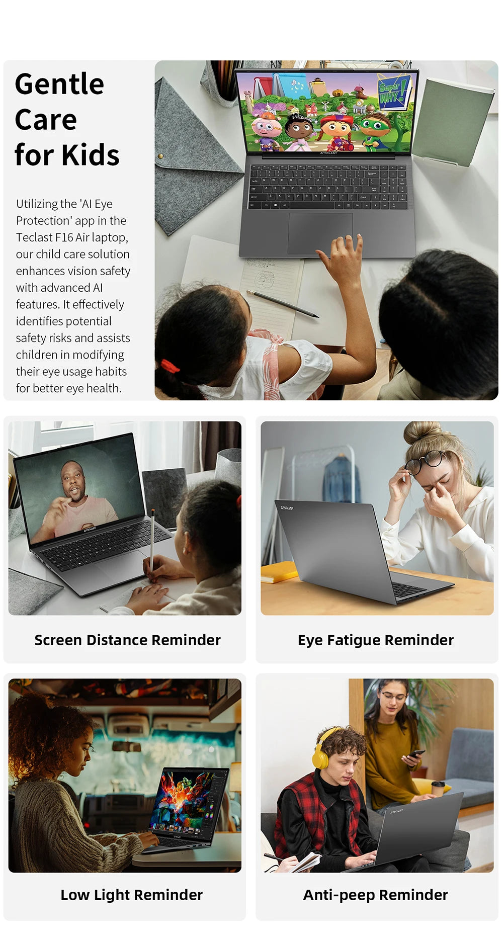 TECLAST F16 Air Laptop 16 inch Backlit Keyboard 180 Degree Flip 16GB RAM ROM 512GB 1920x1200 IPS fits Intel N95 CPU Support Mini-HDMI