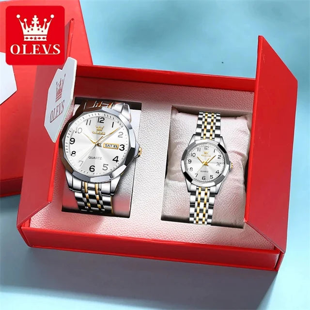 OLEVS 9970 Luxury Couple Watch Men Women Stainless Steel Waterproof Calendar Wristwatch Digital Dial Rhombus Mirror Lovers Watch