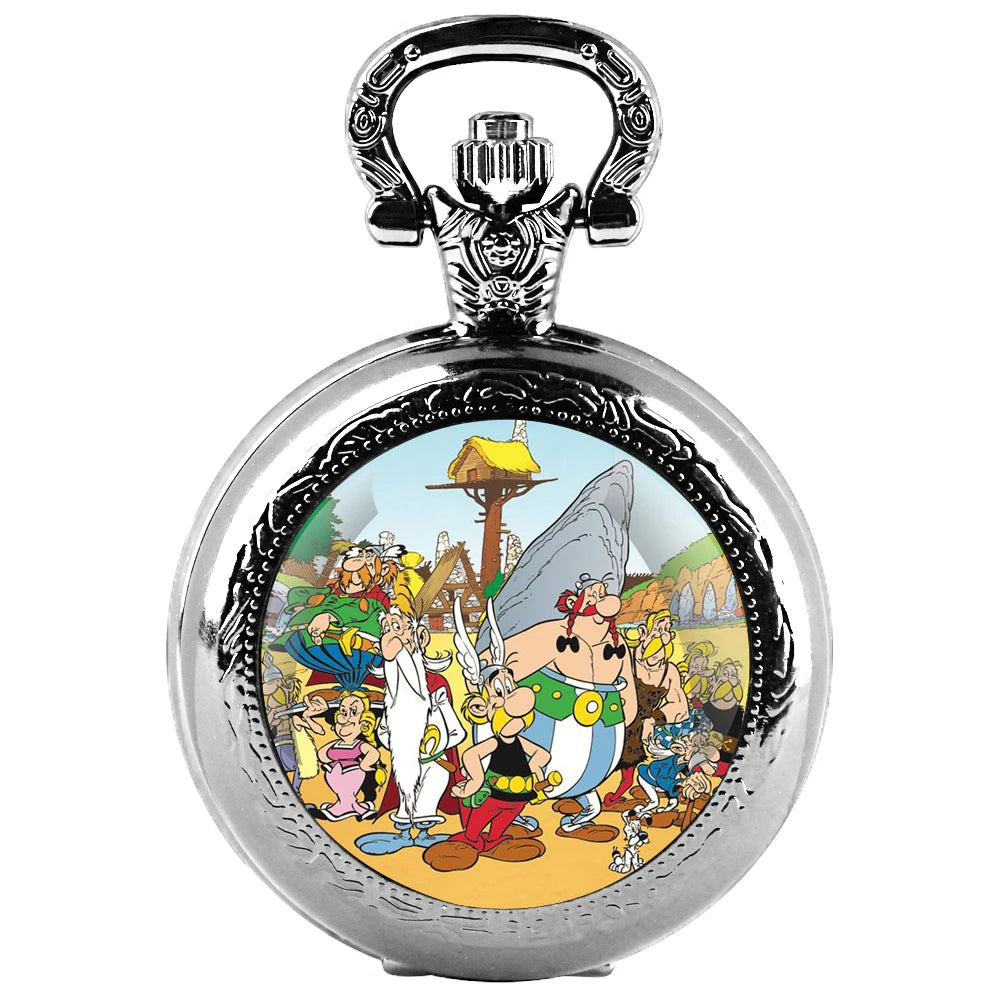 Asterix Design Glass Dome Unisex Arabic Numerals Dial Quartz Pocket Watch Women Man Necklace Pendant Accessory with Chain Gift