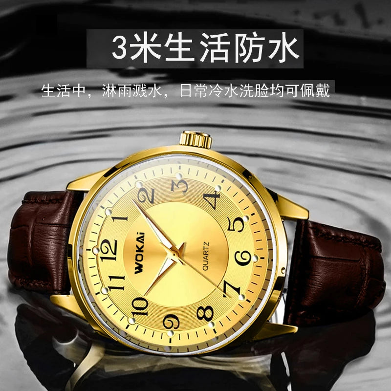 WOKAI high quality fashion casual yellow gold men's leather belt quartz watch men's business sports digital clock retro