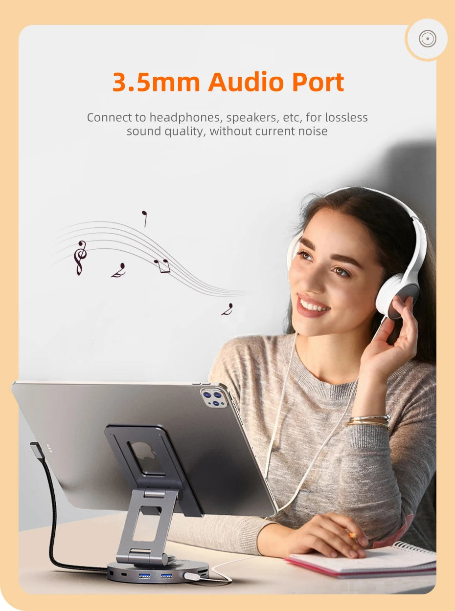 CABLETIME 8 in 1 Multi USB C Hub with 360 Rotating Stand HDMI 4K 60Hz PD 100W USB 5Gbps SD TF Aux 3.5mm for iPad Pro Tablet C441