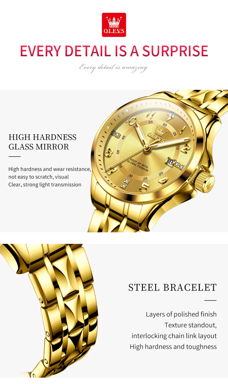 OLEVS 2910 Watch For Men Women Luxury Quartz Couple Watches Waterproof Stainless Steel Hand Clock Diamond Number Dial Wristwatch