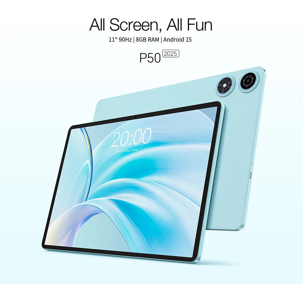 Teclast P50 2025 Android 15 Tablet 11 inch 90Hz Display T606 Octa-Core Max 20GB(8+12GB) RAM 128GB ROM 7000mAh Type-C 4G LTE GPS