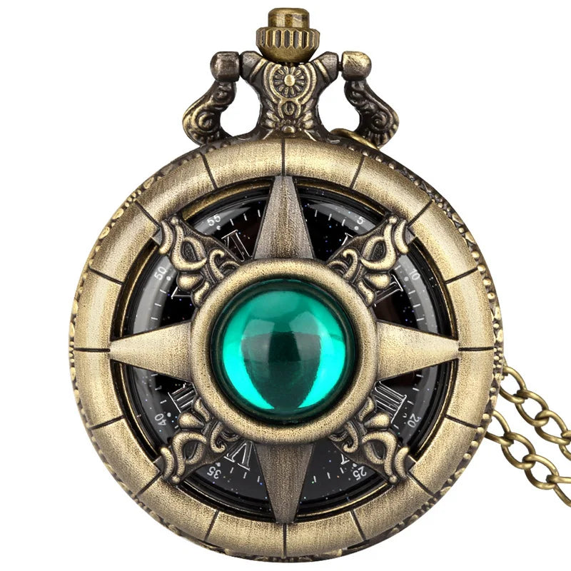 Exquisite Emerald-green Stone Bronze Case Quartz Pocket Watch Simple White Dial Chain Clock Necklace Pendant Watch for Men Women
