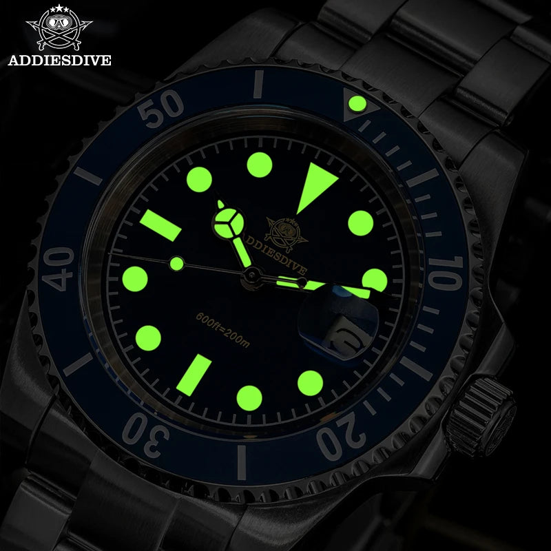 ADDIESDIVE AD2054 Stainless Steel Quartz Watch 200M Dive Watches Green Luminous Men's WristWatches Waterproof Relojes Masculino