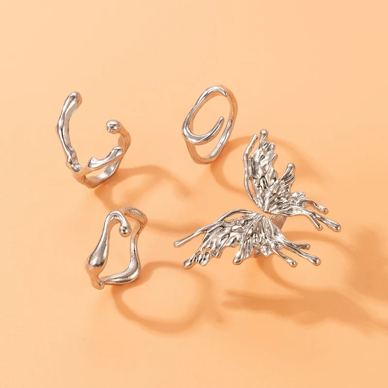 Tocona INS Big Butterfly Joint Ring Sets for Women Silver Color Geometry Alloy Metal Opening Ring Party Jewelry Anillo 22381