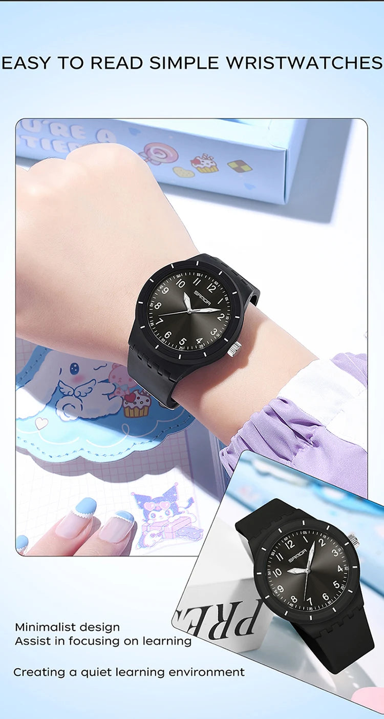 SANDA 9075 Casual Student Quartz Watch Simple Waterproof Silicone Strap Night Light Fashion Girls and Boys Watch Simple Daily