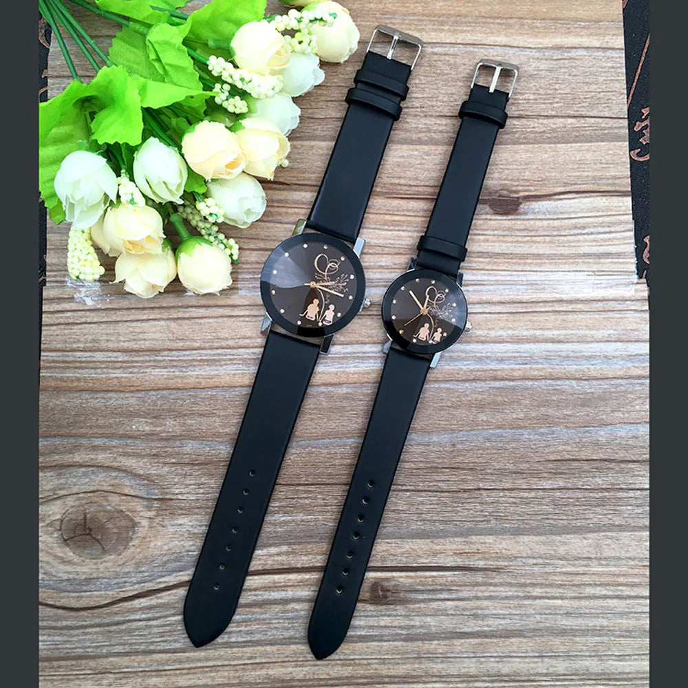 2PCS Couple's Watches Fashion Water Diamond Leather Strap Elegant Fashion Women Men Circular Simple Scale Dial Quartz Watch